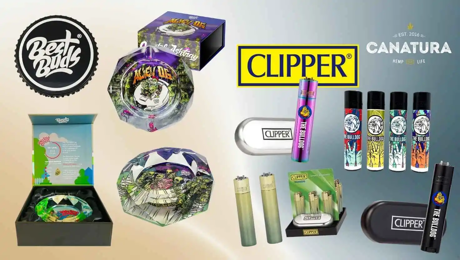 Best Buds crystal ashtrays and various Clipper lighters on the left, Canatura Wholesale logo in the upper right corner