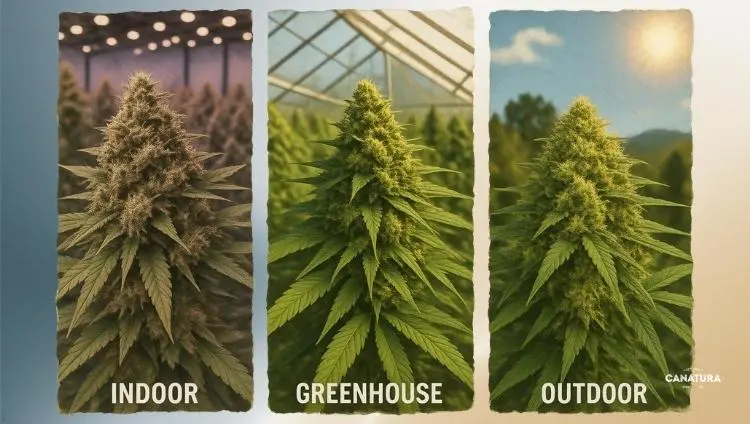 Indoor vs. greenhouse vs. outdoor CBD flowers, CanaturaWholesale logo bottom right