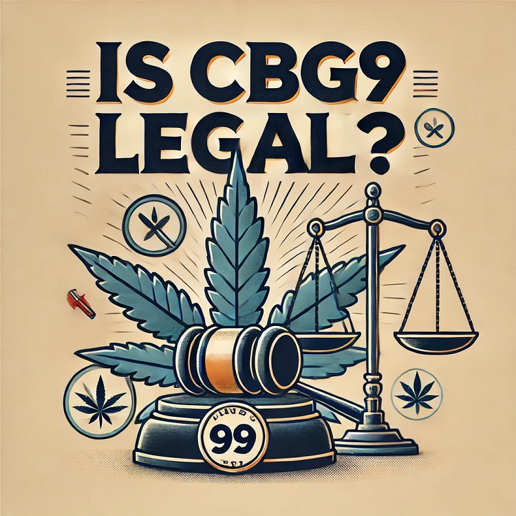 Texto: O CBG9 é legal? Abaixo está uma folha de canábis, um registo de juiz e uma balança, um conceito do estatuto legal da CBG9