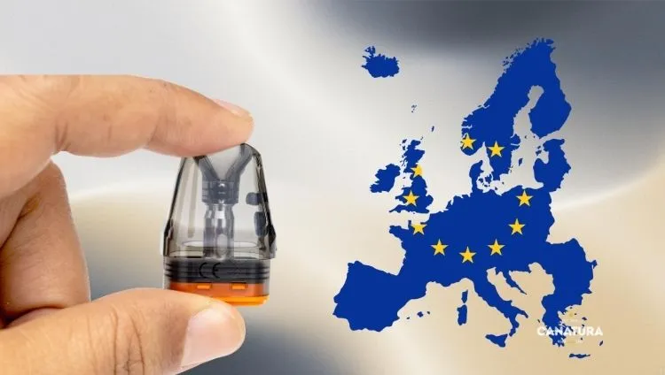 The replaceable pod system, depicted against a map of the European Union, symbolises European regulation of vaping products and the transition to reusable devices following the ban on single-use vapes 