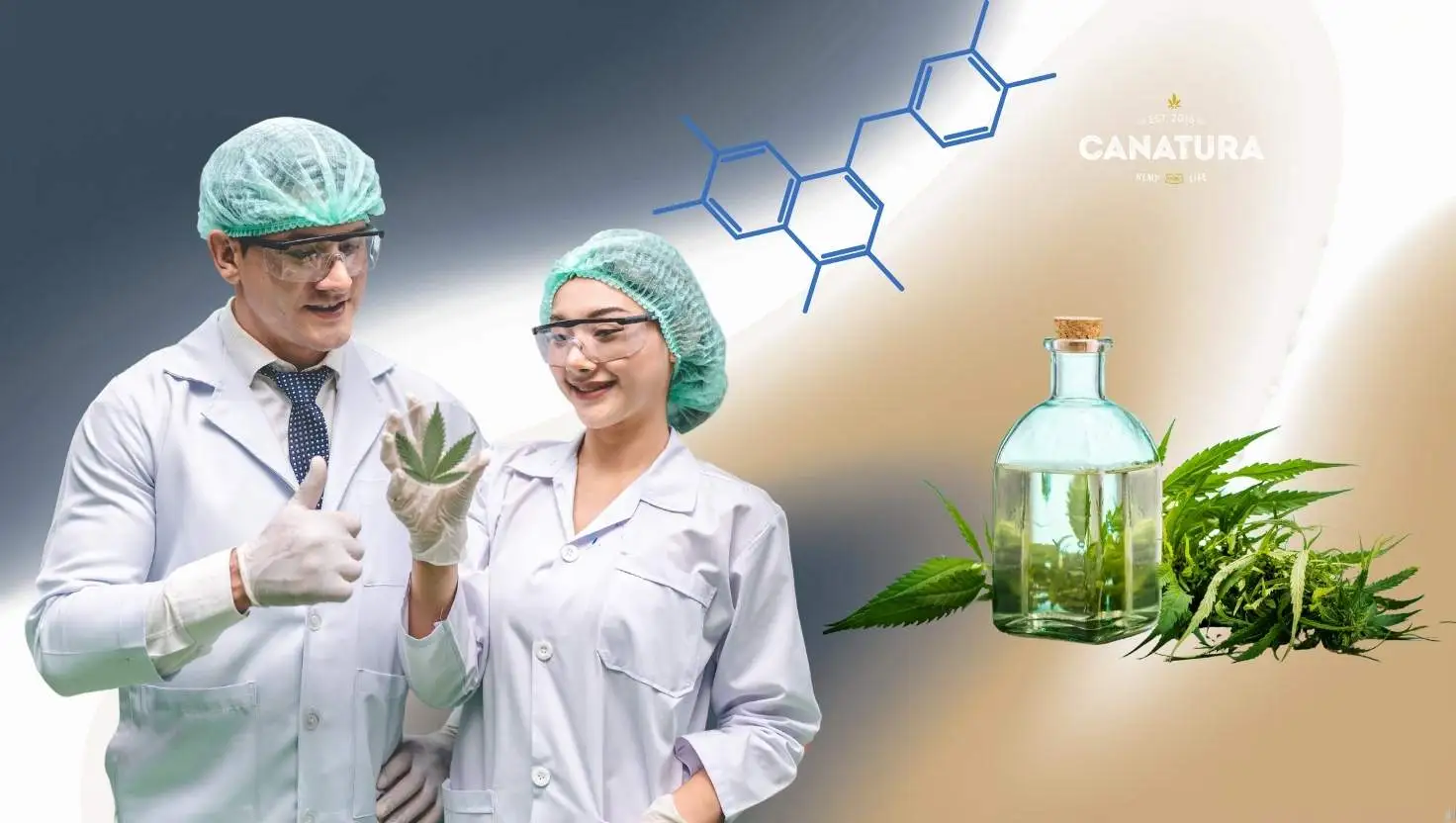 Scientists from the laboratory where HCT is produced examine a sample of cannabis, next to a bottle of extract and a chemical formula, symbolizing the process of development and production of the cannabinoid, complete with the Canatura logo