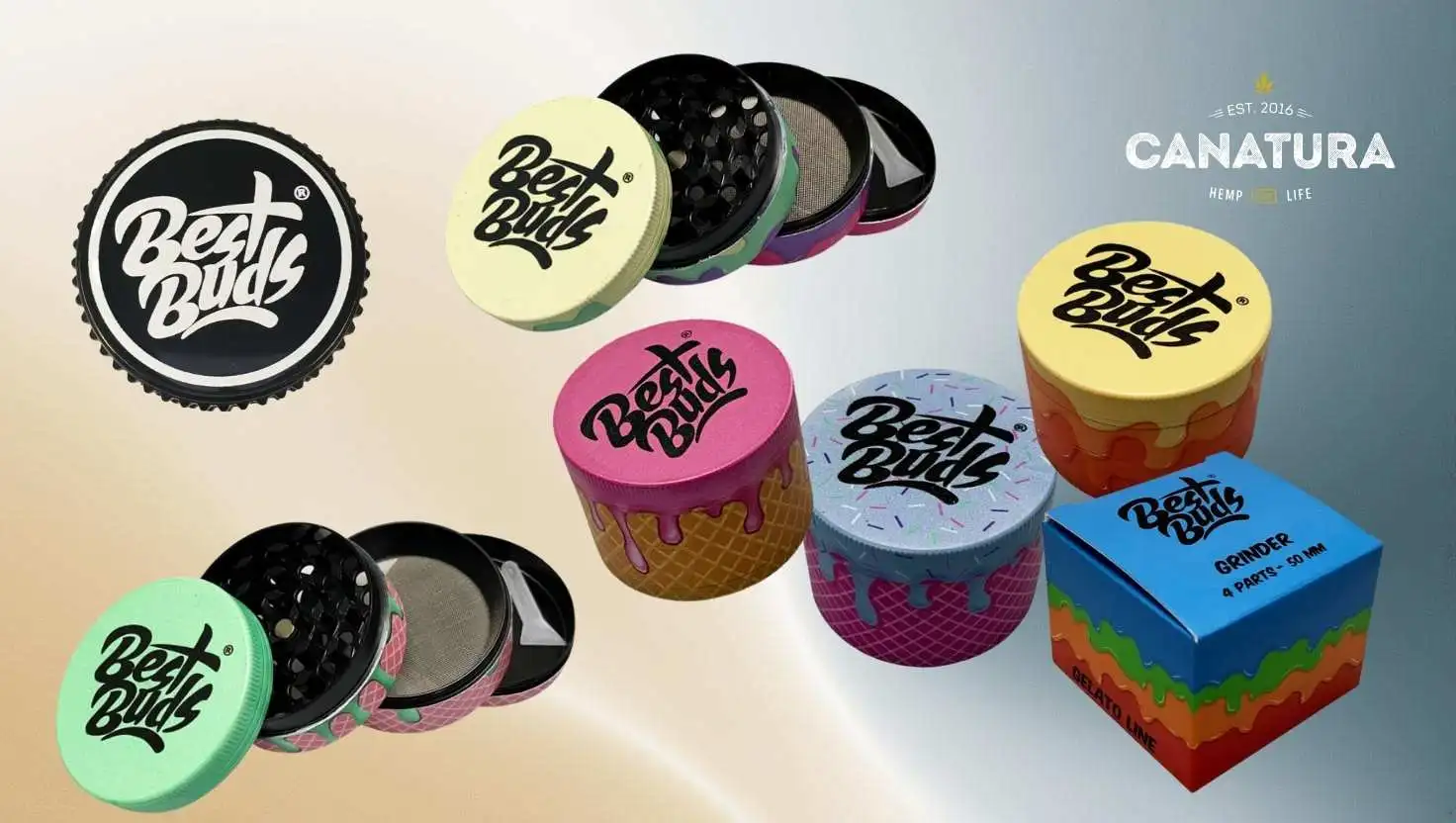 Best Buds logo and various stylish Best Buds grinders in the Gelato version, Canatura Wholesale logo in the upper right corner