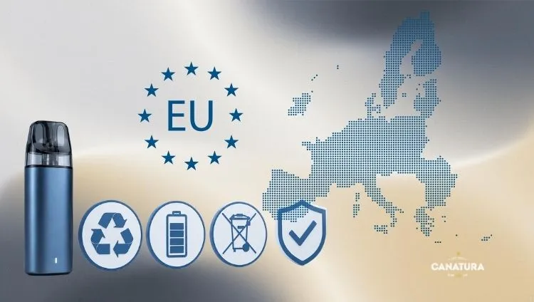 A rechargeable pod system featuring recycling, battery, WEEE and safety icons symbolises the regulatory requirements for vaping products in the European Union 
