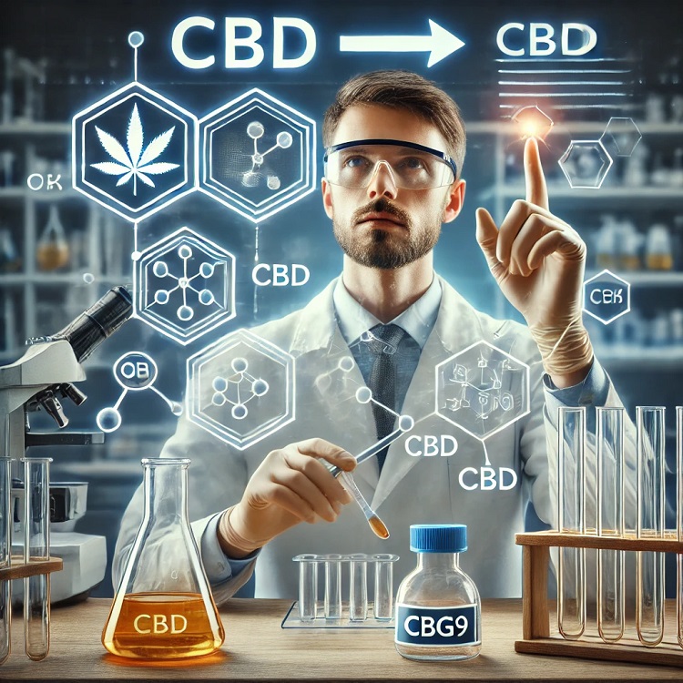 Conceito de um laboratório onde se encontra um cientista e, à sua frente, um contentor de CBD a partir do qual é produzido (semi)sinteticamente o CBG9