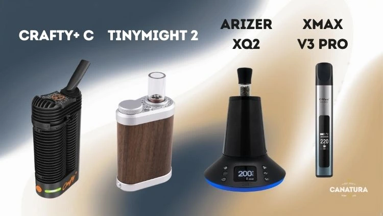 Crafty+ C vaporiser, TinyMight 2 vaporiser, Arizer XQ2 vaporiser, XMAX V3 PRO vaporiser; CanaturaWholesale logo bottom right