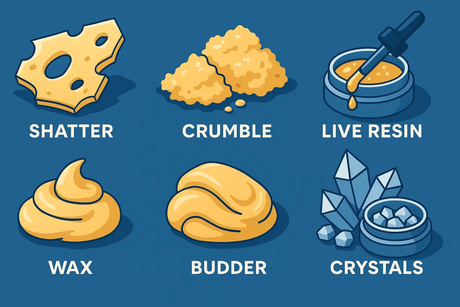 Various types of cannabis concentrates for dabbing – shatter, crumble, live resin, wax, budder, and crystals (isolate).