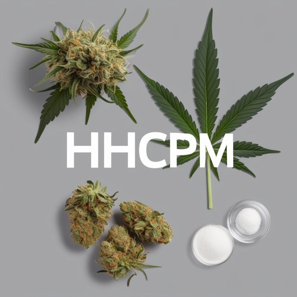 Květy technického konopí napuštěné destilátem HHCPM, list konopí, text: HHCPM