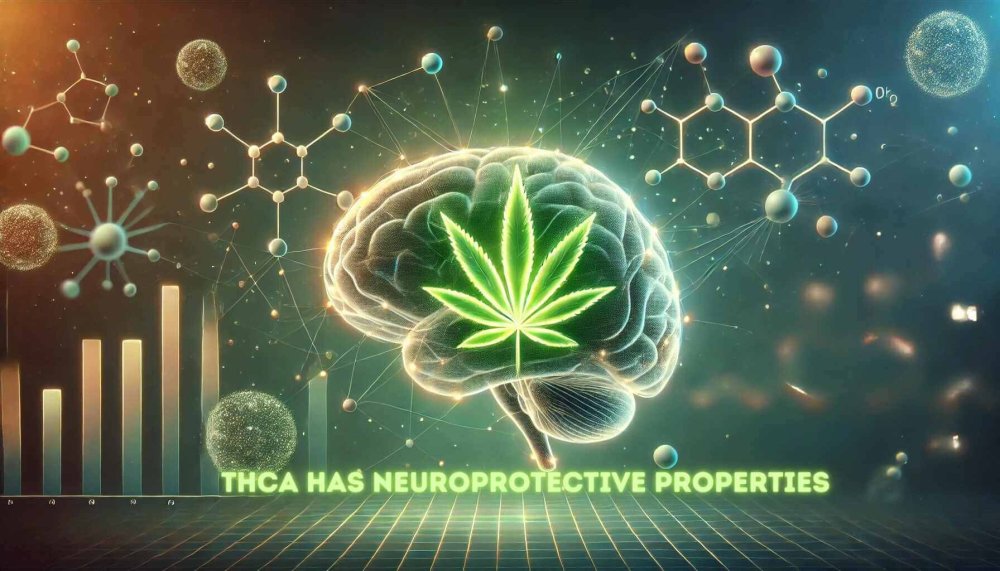 THCA piemīt neiroprotektīvas īpašības, kā tas redzams attēlā, kurā redzamas smadzenes ar kaņepes lapu.