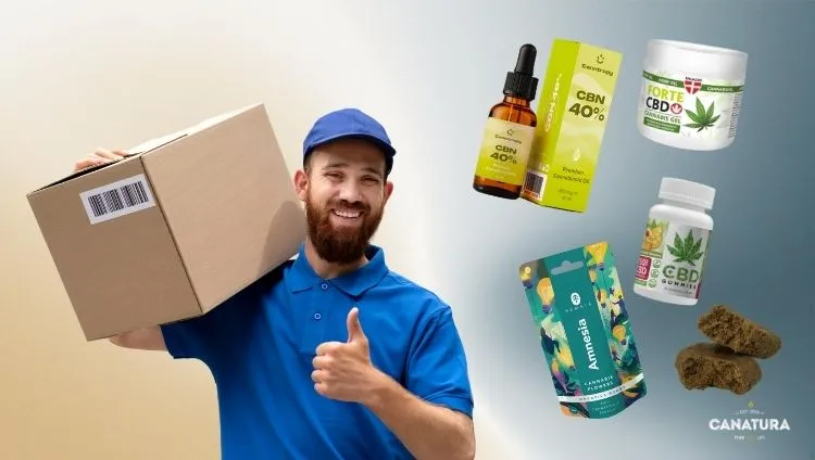 Courier with a package and a thumbs-up sign, next to CBD and CBN products (oil, capsules, balm, flowers, and hash) – a reliable CBD wholesaler known for fast logistics and a high-quality product range, with the Canatura Wholesale logo at the bottom right