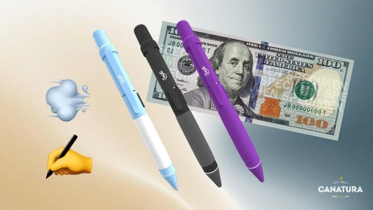 Penjamin: примери варијанти боја — плава, црна, љубичаста, са банкнотом од $100 у позадини и логотипом Canatura Wholesale у доњем десном углу