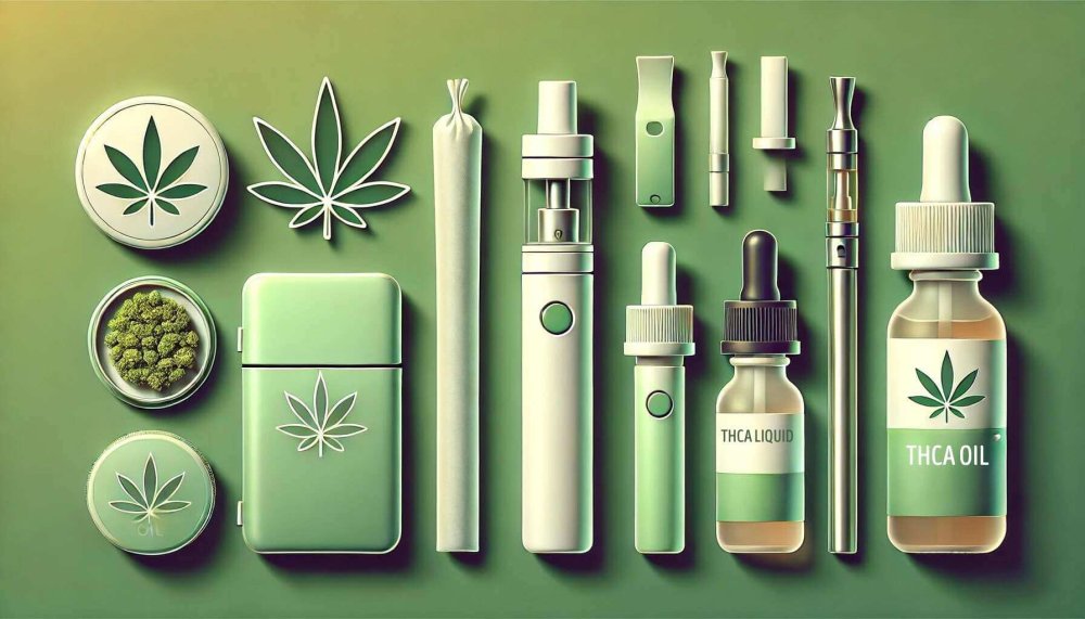 THCA produkti, piemēram, kaņepju THCA ziedi, preroll, vape pildspalvas, THCA šķidrums un eļļa.