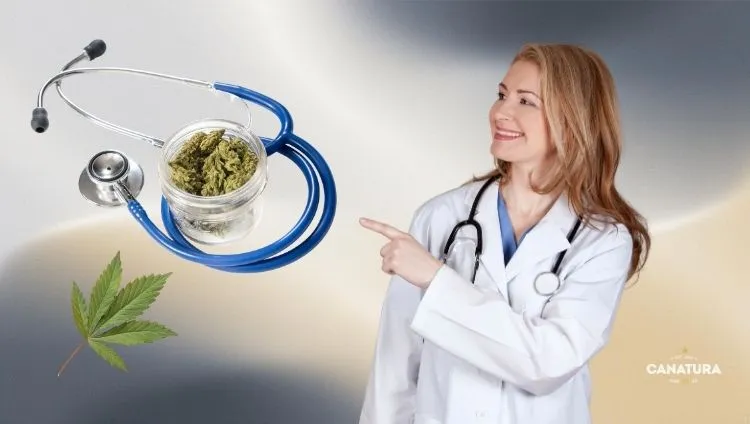 The doctor points to a jar of medical cannabis wrapped in a stethoscope, symbolizing the development of medical cannabis, with the CanaturaWholesale logo at the bottom right
