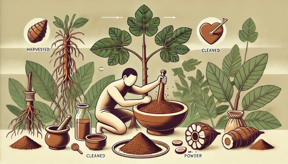 植物の根から茶色のカバカバ粉末を生産。